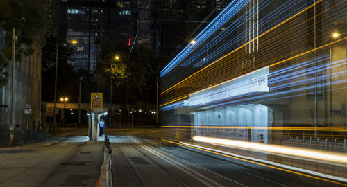 Light trails on illuminated street at night