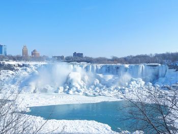 Scenic view of frozen river against clear sky