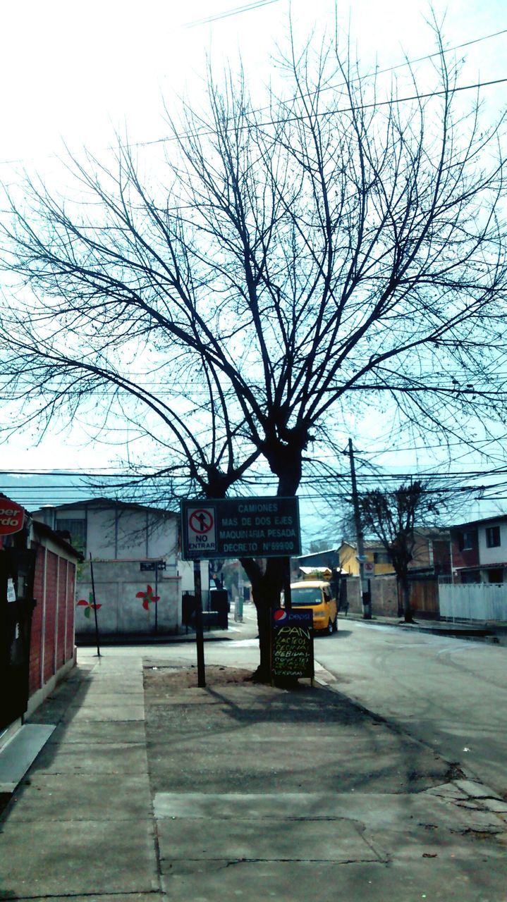 bare tree, built structure, architecture, building exterior, tree, transportation, street, branch, road, sky, car, city, the way forward, clear sky, sidewalk, outdoors, mode of transport, day, land vehicle, empty