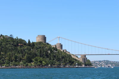 Scenic view of bay bridge against clear blue sky