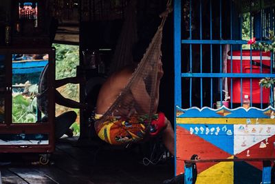 Full frame shot of multi colored hanging for sale at market stall
