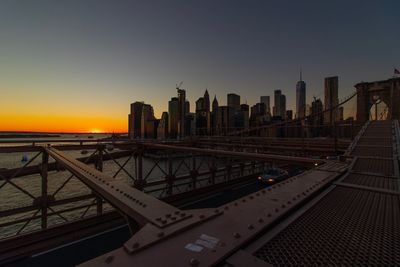 View of city buildings at sunset