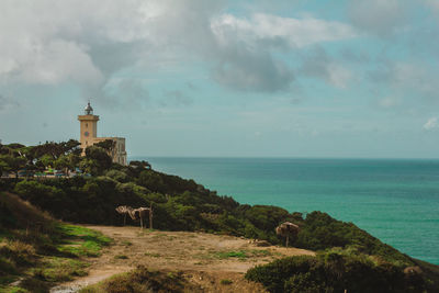 Scenic view of sea and buildings against sky