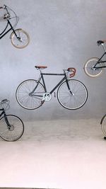 High angle view of bicycle parked on wall