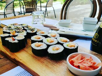 High angle view of sushi served on table