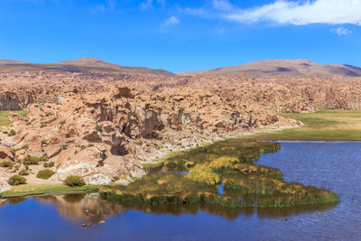 Scenic view of lake and mountains against sky