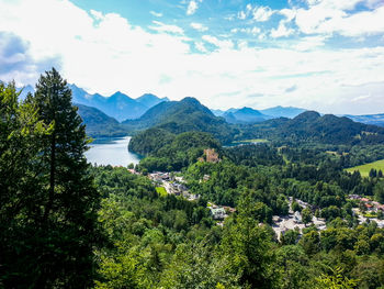 High angle view of plants and mountains against sky