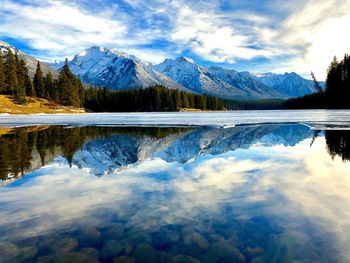 Scenic view of lake and mountains against sky