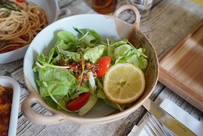 High angle view of salad in bowl on table