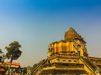 Low angle view of temple building against clear blue sky