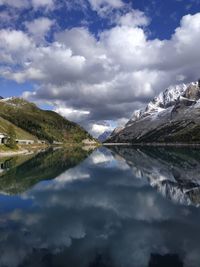 Scenic view of lake and mountains against sky