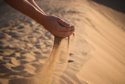 Cropped hand of person holding sand in desert