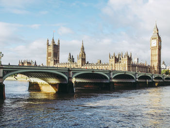 Bridge over river with buildings in background