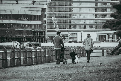 Rear view of people walking on buildings in city