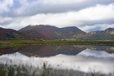 Scenic view of lake and mountains against sky