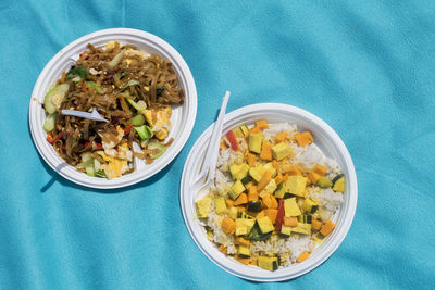 High angle view of food served on table