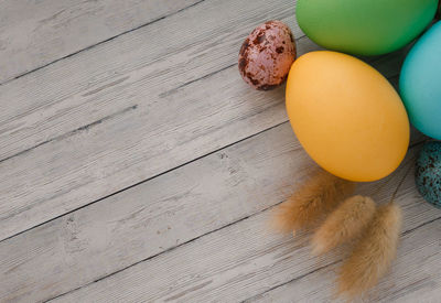 High angle view of eggs on table