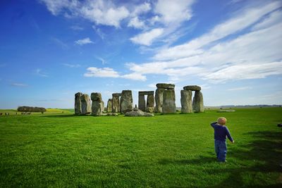 Rear view of man on grassland against blue sky