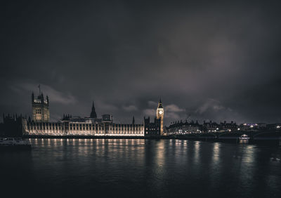 Illuminated city at waterfront against cloudy sky