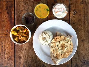 High angle view of breakfast served on table