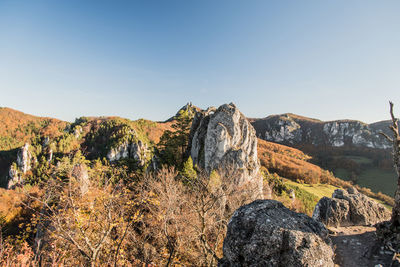 Rock formations on landscape against sky