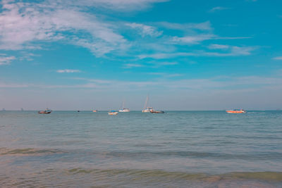 Sailboats sailing in sea against sky