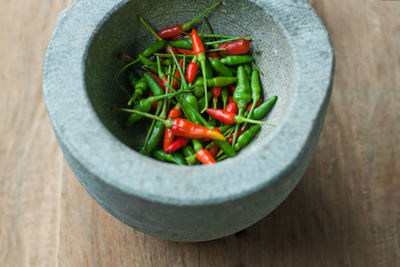 High angle view of vegetables in bowl on table