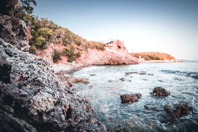 Scenic view of sea against clear sky