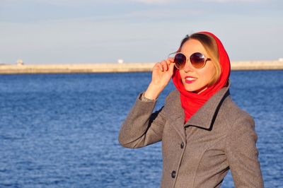 High angle view of woman in water