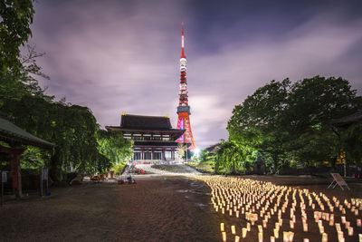 Handmade japanese paper washi lanterns illuminating the stone steps of the zojoji temple.