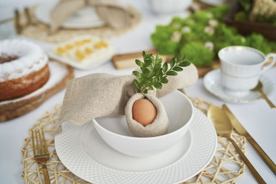 Close-up of egg in plate on table