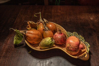 High angle view of fruits in bowl on table