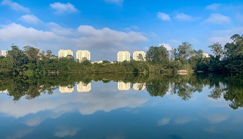 Reflection of trees and buildings in lake