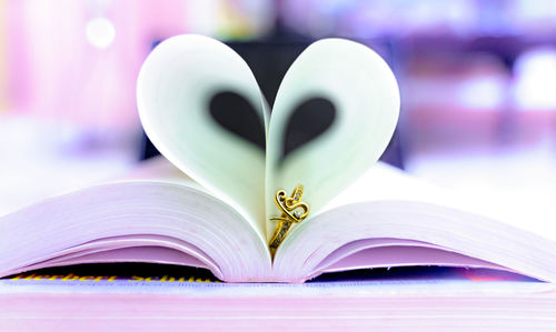 Close-up of heart shape on book