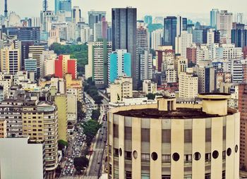 High angle view of modern buildings in city