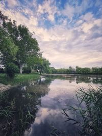 Scenic view of lake against sky during sunset