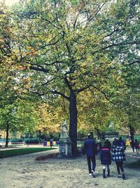 Rear view of people walking in park