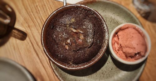 High angle view of chocolate cake on table