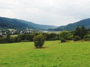 Scenic view of landscape and mountains against sky