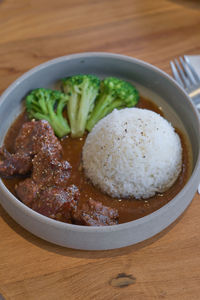 High angle view of meal served in bowl on table