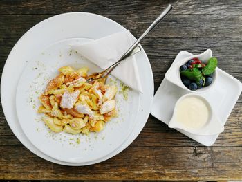 High angle view of meal served on table