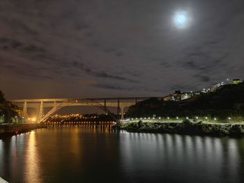 Illuminated bridge over river in city against sky at night