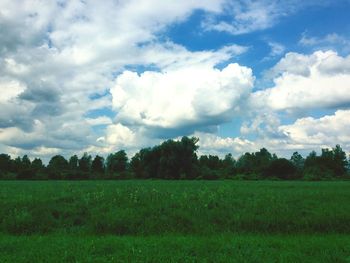 Scenic view of grassy field against cloudy sky