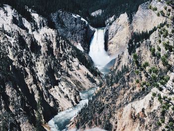 Aerial view of mountain waterfall 