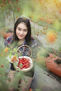 Portrait of young woman holding cherry tomatoes in basket while kneeling in farm