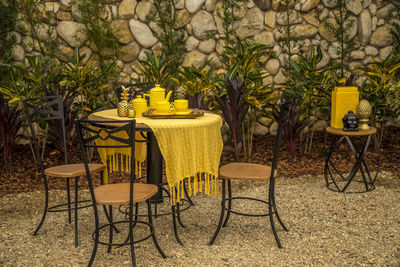 Empty chairs and table in yard