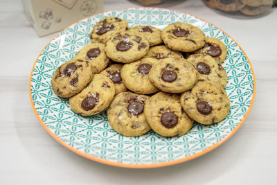 High angle view of cookies in plate on table