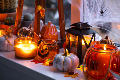 Close-up of illuminated lanterns