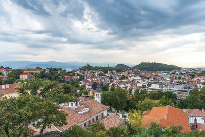 High angle shot of townscape against sky