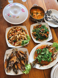 High angle view of meal served on table